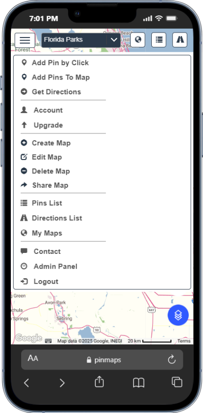 Pinmaps mobile menu for managing maps and locations