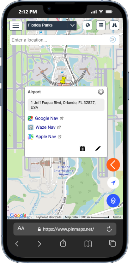 Pinmaps mobile navigation buttons for quick directions access