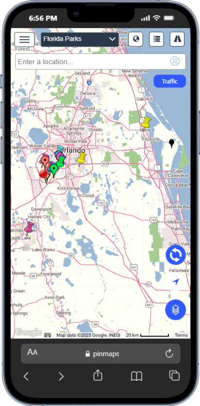 Pinmaps mobile map view showing multiple location pins
